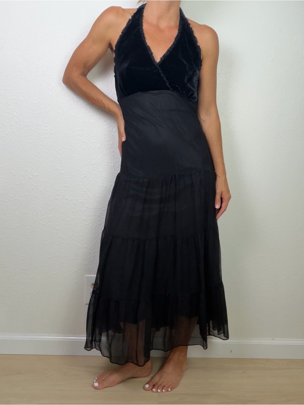 Vintage 90s Jonathan Martin Silk Velvet Halter Drop  Waist Black Maxi Dress